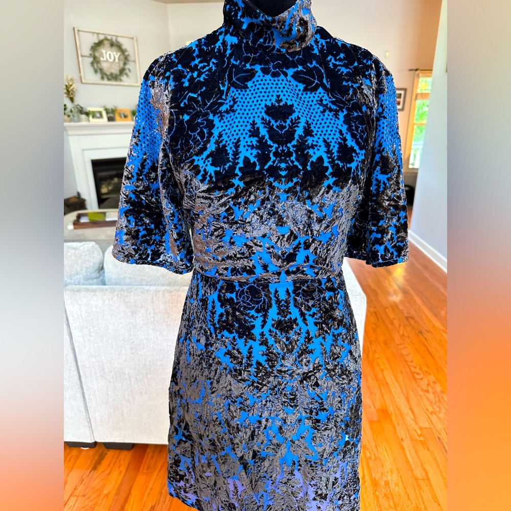 Anthropologie Blue & Black Velvet Print Mini Dress